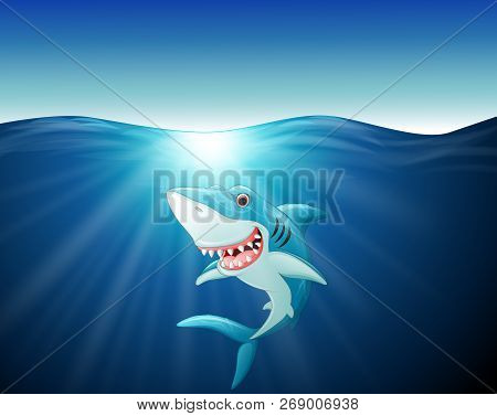 Vector Illustration Cartoon Funny Shark On The Sea