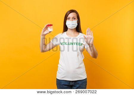 Portrait Woman In White T-shirt Written Inscription Green Title Volunteer, Sterile Face Mask With Pi