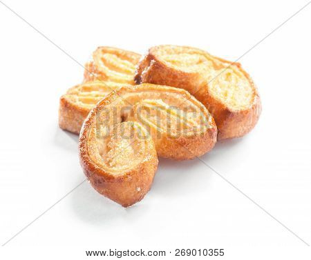 Puff Pastry Dessert Ear (palmier) Biscuits With Sugar Close-up Isolated On White Background