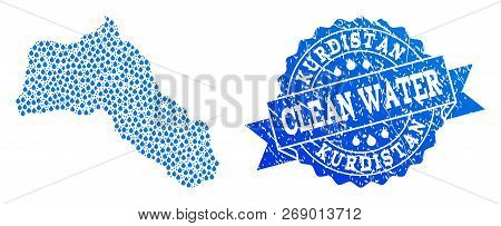 Map Of Kurdistan Vector Mosaic And Clean Water Grunge Stamp. Map Of Kurdistan Composed With Blue Wat