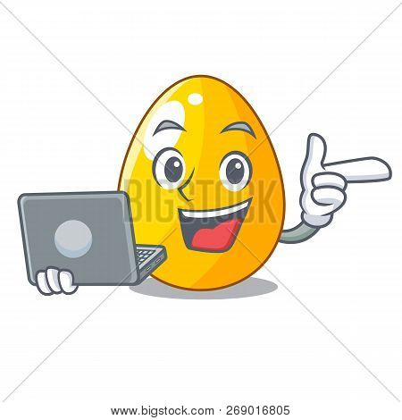 With Laptop Golden Egg Cartoon For Greeting Card
