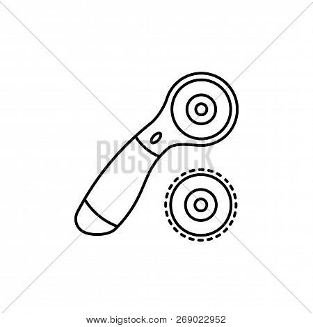 Black & White Vector Illustration Of Rotary Cutter & Blade. Line Icon Of Quilting Instrument. Patchw