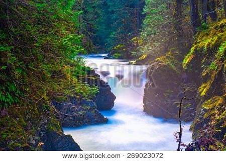 Detail of Little Qualicum Falls, a popular destination in Vancouver Island, BC Canada