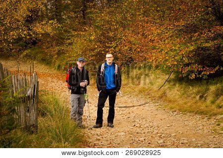 Autumn Landscape With Tourists Taken In Polish Beskidy Mountains, Grabowa.