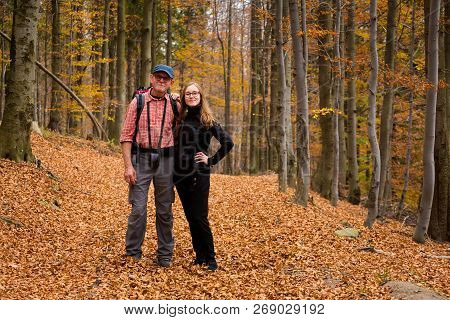 Autumn Landscape With Tourists Taken In Polish Beskidy Mountains, Grabowa.