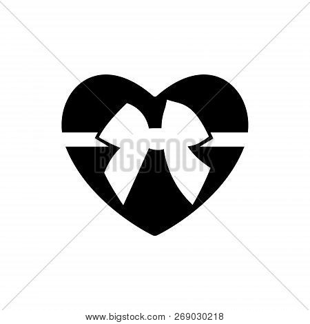 Decorative White Bow With Horizontal Ribbon Isolated On Black Heart For Valentine S Day Icon. Vector