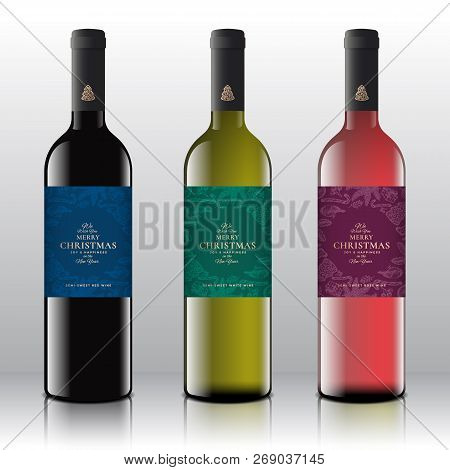 Christmas Greetings Wine Bottle Labels Concept. Red, White And Pink Wine Set On The Realistic Vector