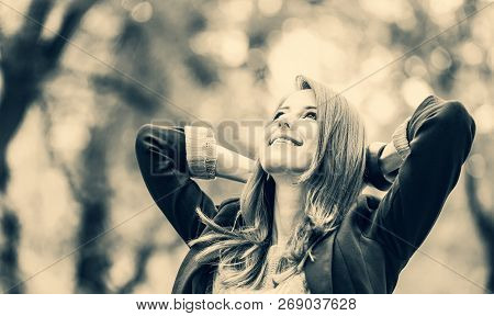 Redhead Girl At Autumn Aoutdoor . Image In Black And White Color Style