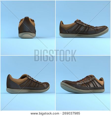 Set Of Leather Brown Shoes With Laces. 3d Rending. Sneakers.
