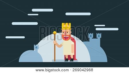 Colorful Flat Character Design. Wizard With Red Cape. King With Staff. Game Background. Happy Man.