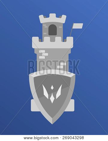 Flat Tower Design. Tower With Flag And Shield. Game Items Design. Game Building. Grayscale Castle Te