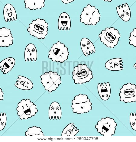 Seamless Pattern With Black And White Funny Doodle Ghosts On A Light Blue Background.print For Fabri