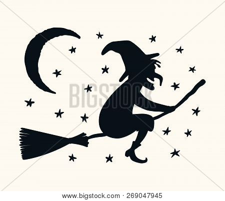Hand Drawn Vector Illustration Of A Witch Flying On Broomstick, With Moon, Stars. Isolated Objects O