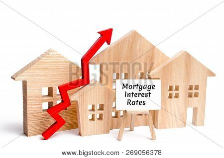 Wooden House And The Inscription Mortgage Interest Rates And Up Arrow. Raising Mortgage Rates And Ta