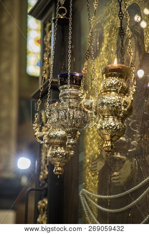 Beautiful Censers Hanging Above The Large Icon In The Church