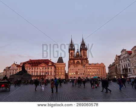 Prague, Czech Republic - November 01, 2018  Church Of Our Lady Before Týn From Old Town Square At Su