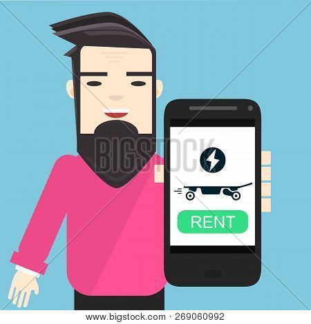 Young Character In Pink Pullover Showing Mobile App To Rent Electric Skateboard