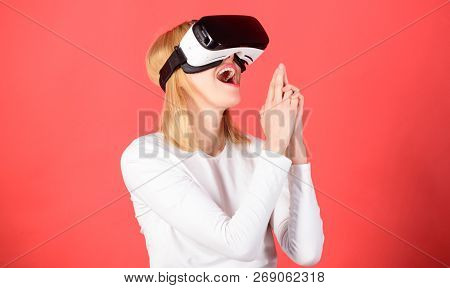 Cheerful Smiling Woman Looking In Vr Glasses. Woman Using Vr Device. Person With Virtual Reality Hel