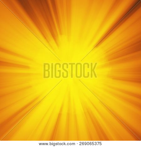 Background With Abstract Explosion Or Hyperspeed Warp Sun God Rays. Bright Orange Yellow Light Strip