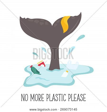 Eco Poster. Whale Tale And The Splash Of Water With Garbage. Environment Protection. No More Plastic