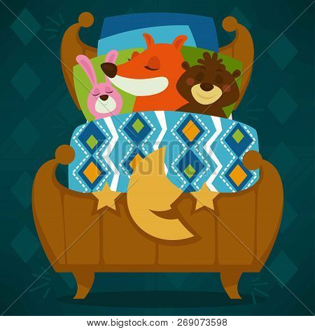 Animals Sleeping In Bed Fairytale Pets Asleep Set Vector.