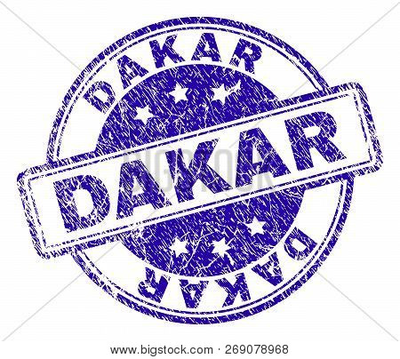 Dakar Stamp Seal Imprint With Grunge Style. Designed With Rounded Rectangles And Circles. Blue Vecto