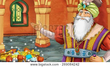 Cartoon Scene With Medieval Arabic Room With Prince Or King - Far East Ornaments - The Stage For Dif