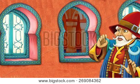 Cartoon Scene With Medieval Arabic Room With Prince Or King - Far East Ornaments - The Stage For Dif