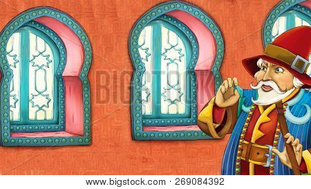 Cartoon Scene With Medieval Arabic Room With Prince Or King - Far East Ornaments - The Stage For Dif