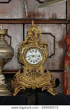 Antique Tabletop Gold Clock At Flea Market