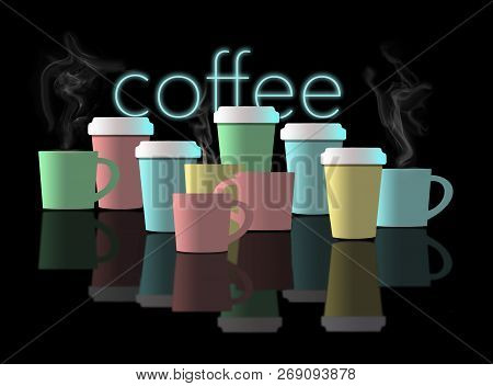 Here is an illustration of cups of coffee with pastel colors and steam.