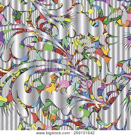 Elegance Silver 3d Vector Paisley Seamless Pattern. Floral Ornam