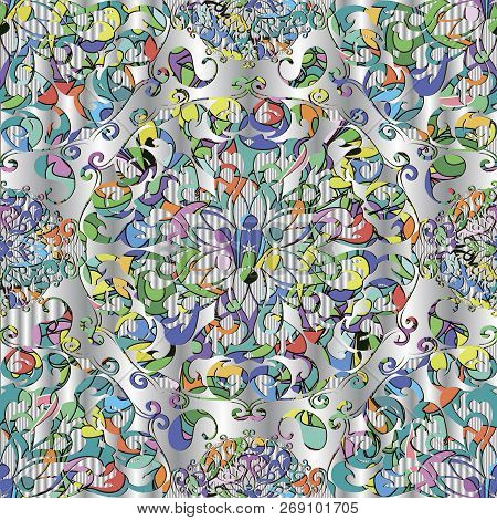 Elegance Silver 3d Vector Paisley Seamless Pattern. Floral Ornam