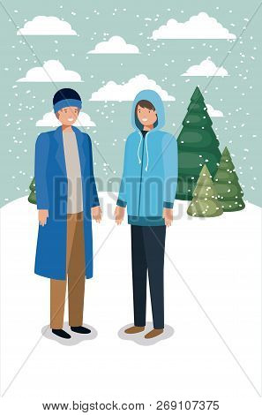 Couple Of Men In Snowscape With Winter Clothes Vector Illustration Design