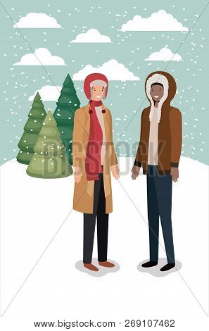 Couple Of Men In Snowscape With Winter Clothes Vector Illustration Design
