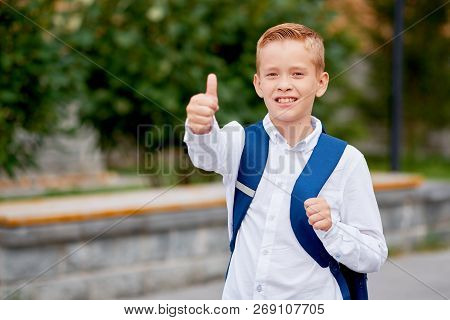Young Elementary Schoolboy Carrying Backpack Making Thumb Up Gestures. Cheerful Child Standing Outdo