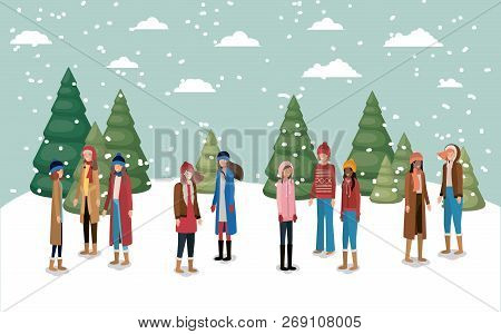 Group Of Women In Snowscape With Winter Clothes Vector Illustration