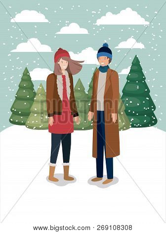 Couple In Snowscape With Winter Clothes Vector Illustration Design