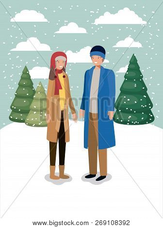 Couple In Snowscape With Winter Clothes Vector Illustration Design