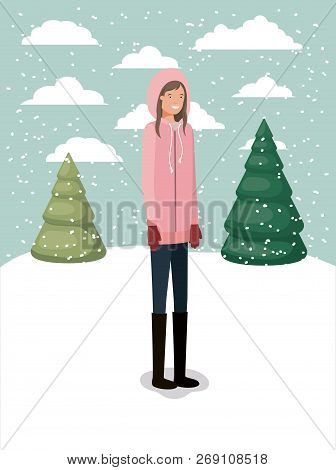 Woman In Snowscape With Winter Clothes Vector Illustration Design