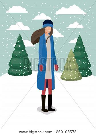 Woman In Snowscape With Winter Clothes Vector Illustration Design