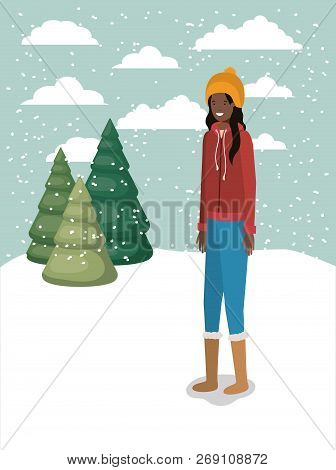 Black Woman In Snowscape With Winter Clothes Vector Illustration Design