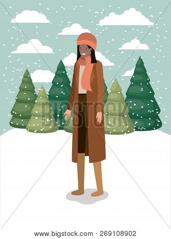 Black Woman In Snowscape With Winter Clothes Vector Illustration Design