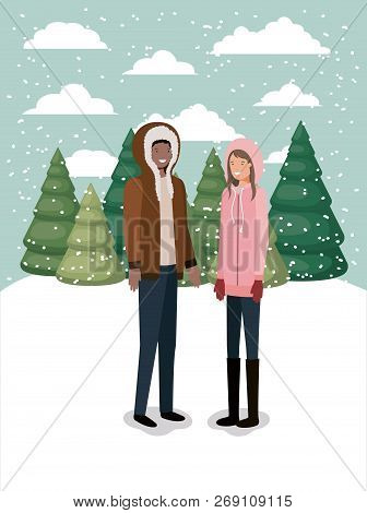 Couple In Snowscape With Winter Clothes Vector Illustration Design