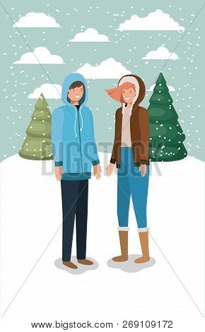 Couple In Snowscape With Winter Clothes Vector Illustration Design