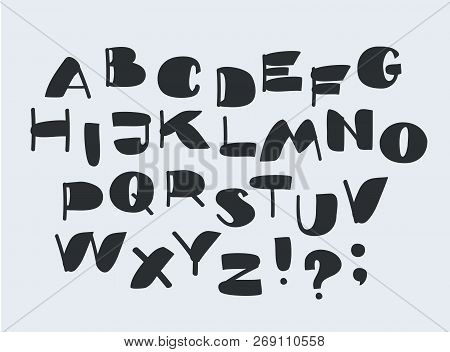 Vector Cartoon Illustration Fo Black Hand Drawn Alphabe. Bold Contrast Funny Font On White Backgroun