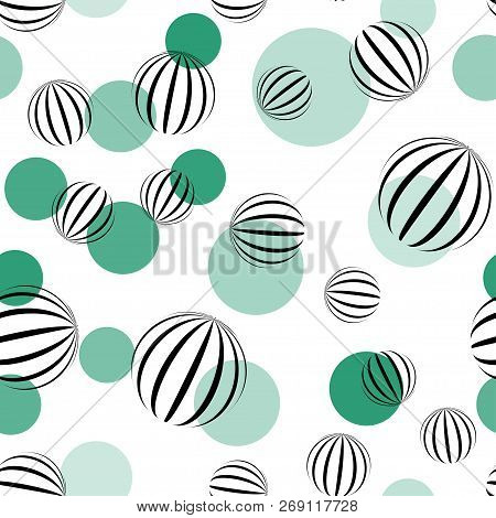 Seamless Pattern With Green Circles And 3d Spheres Made From Black Lines. Seamless Abstract Backgrou