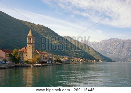 Beautiful Mediterranean Landscape. Montenegro, Adriatic Sea, Bay Of Kotor.  View Of Ancient Town Of 