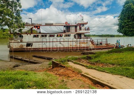 Pantoja, Peru - July 12, 2015: Cargo Boat Arabela I Plies River Napo, Peru