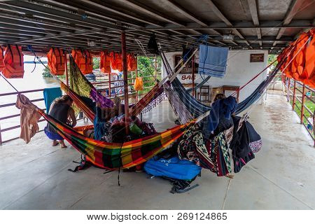 Pantoja, Peru - July 14, 2015: Travelers In Hammocks Aboard Cargo Boat Arabela I On A River Napo, Pe